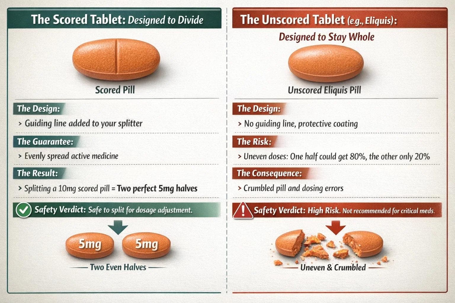 Comparison of a scored pill versus an unscored Eliquis tablet to show why cutting apixaban in half leads to uneven dosing