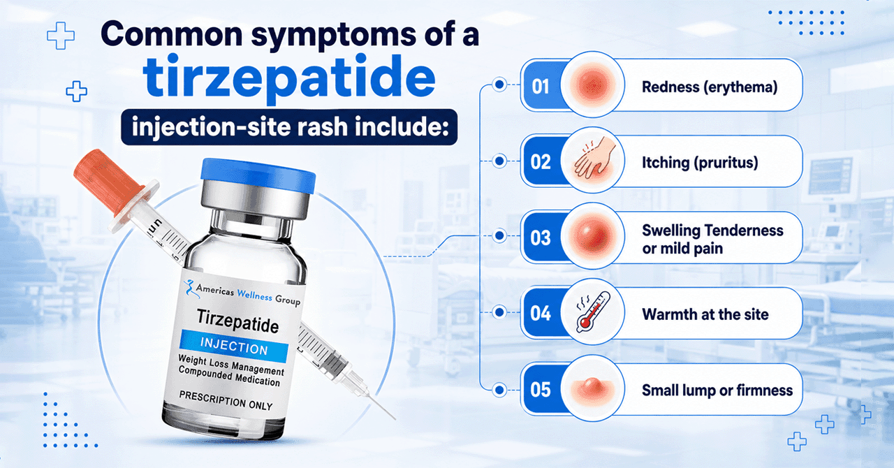 Common symptoms of a tirzepatide injection-site rash include